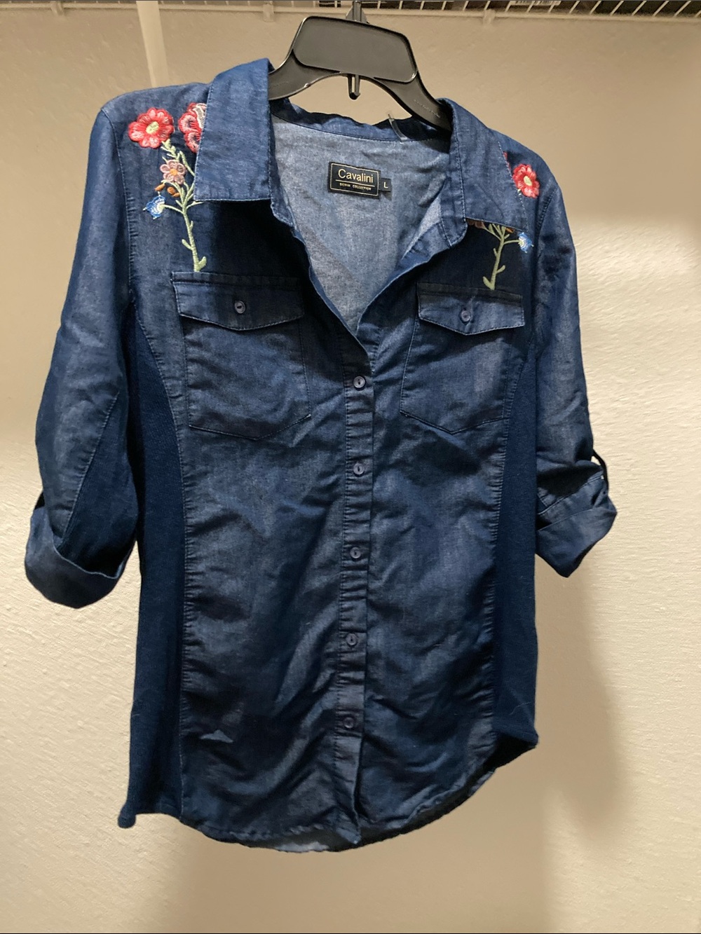 Cavalini Dark Blue Embroidered Floral Button-Up